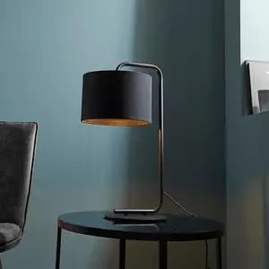 Satin Black Table Lamp Light - 23cm Fabric Cylinder Shade - Bedroom Desk Light