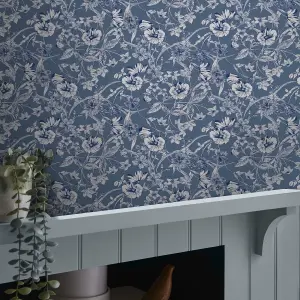 Laura Ashley Summerhill Midnight Blue Floral Smooth Wallpaper Sample