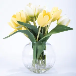 Bloom Artificial Antwerp Tulip Arrangement in Goldfish Vase - Colourful Faux Fake Flower Stem Centrepiece - H26cm x W24cm