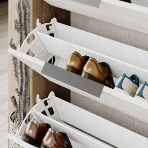 Decortie Kaju Shoe Cabinet 3 Drop-doors 1 Shelf Modern Shoe Storage Solution White Dark Oak Effect H 139cm