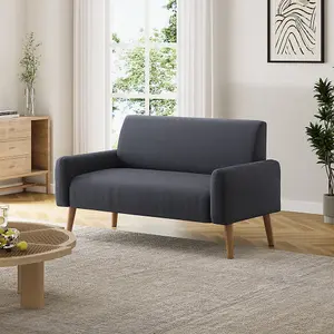 Grey 2 Seat Corduroy Sofa with Wooden Legs for Living Room Bedroom 140 x 77 x 80cm