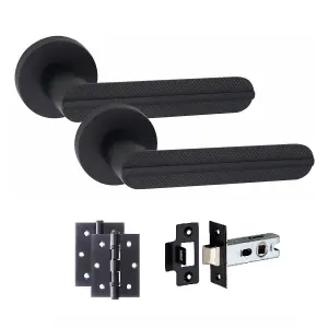 5 Pair Modern Lima Design Matt Black Premium Door Handles Round Rose 3" Ball Bearing Hinges and 2.5" Tubular Latch - Golden Grace