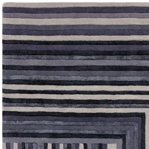 Indigo Striped Wool Handmade Luxurious Modern Abstract Optical/ (3D) Rug Easy to clean Living Room and Bedroom-200cm X 290cm