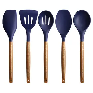 Non-Stick Cooking Utensils, Silicone Kitchen Utensils Set With Natural Acacia Hard Wood Handle, 5 Piece, Black, BPA Free, Baking & Serving Wooden Cooking Spoon Midnight Blue