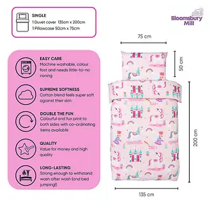 Bloomsbury Mill - Magic Unicorn Kids Single Bed Duvet Cover and Pillowcase Set for Girls - Single - 135 x 200cm