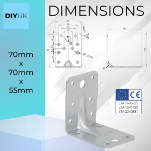 Angle Bracket Size: 70x70x55x2.5mm ( Pack of: 20 ) Heavy Duty Galvanised Steel Metal Corner Braces for Joining, Bracing