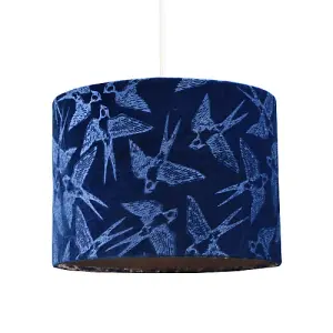 Bird Decorated Navy Midnight Blue Velvet Fabric Lamp Shade with Inner Lining