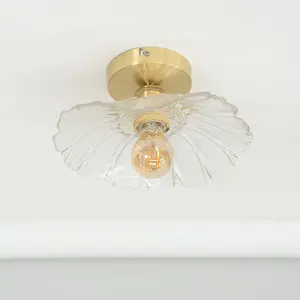 ValueLights Cassia Gold Flush Ceiling Light with Clear Glass Flower Shade - LED Bulb Included