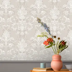 Amelie Damask Floral Mushroom & White Wallpaper 260253