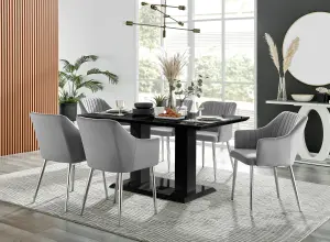 Imperia Black High Gloss 6 Seater Dining Table with Structural 2 Plinth Column Legs 6 Grey Velvet Silver Leg Calla Art Deco Chairs