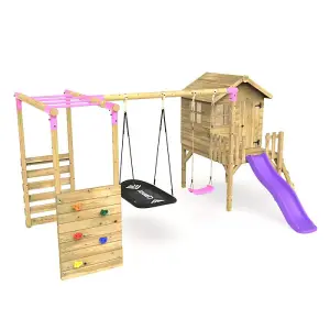 Rebo Orchard 4ft Wooden Children's Playhouse, Swings, Monkey Bars, Deck & 6ft Slide - Double Swing - Sage Purple