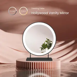 EMKE LED Hollywood Vanity Mirror 480mm Round Makeup Mirror Dressing Table with Dimmable and 3 Colors, Black