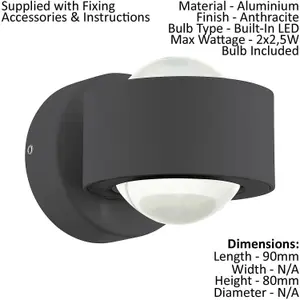 2 PACK Wall Light Colour Anthracite Shade Clear Plastic LED 2x2.5W Included