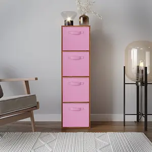 URBNLIVING 106cm Height 4 Tiers Teak Wooden Shelves Cubes Storage Units With Light Pink Drawer Insert