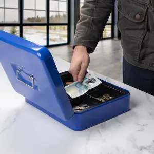 Hardys Metal Cash Box Money Bank Deposit Steel Tin Security Safe Petty Key Lockable - 12" Blue