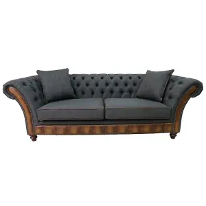 Chesterfield 3 Seater Sofa Antique Tan Leather Marinello Pewter Fabric In Jepson Style