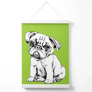 Sketch Pug Dog on Bright Green Poster with Hanger / 33cm / White