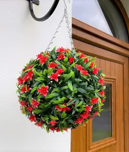 Best Artificial 28cm Red Lily Hanging Basket Flower Topiary Ball - Suitable for Outdoor Use - Weather & Fade Resistant