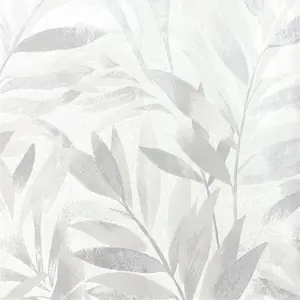 Rasch Fiji Leaves Motif Tropical Leaf Foliage Metallic Silver Grey Wallpaper