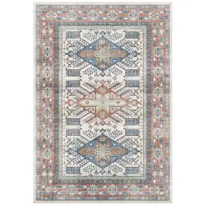 Blue Bordered Floral Rug For Bedroom, & Living Room, 7mm Thick Stain-Resistant Traditional Rug - 160cm X 230cm