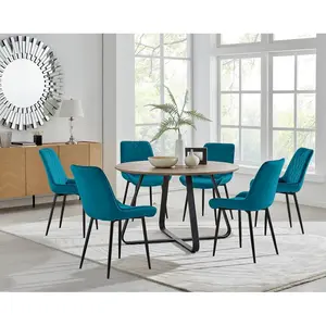 Sandy Classic Wood Effect & Metal Dining Table Set with 6 Luxury Velvet Dining Chairs Blue/Black