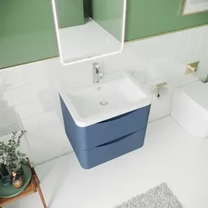 Wall Hung 2 Drawer Vanity Basin Unit with Polymarble Basin, 600mm - Satin Blue