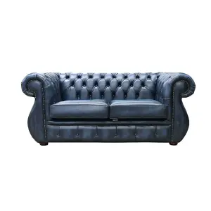 Chesterfield Original 2 Seater Sofa Antique Blue Real Leather In Kimberley Style