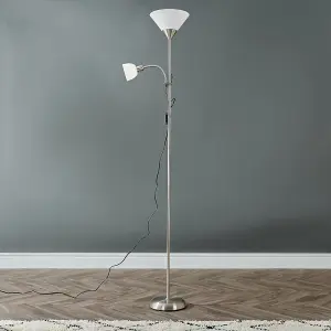 ValueLights Mozz Modern Brushed Chrome 2 Way Mother/Father Parent & Child Uplighter and Spotlight Design Floor Lamp