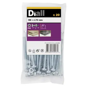 Diall M6 Cruciform Philips Pan head Zinc-plated Carbon steel Machine screw & nut (Dia)6mm (L)70mm, Pack of 20