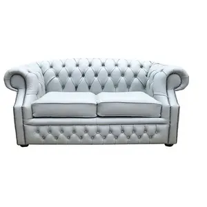 Chesterfield 2 Seater Sofa Moon Mist Grey Leather In Buckingham Style