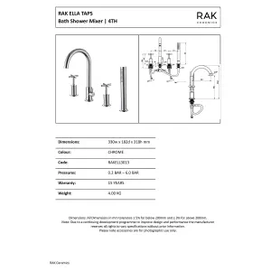 RAK Ella 4 Hole Polished Chrome Modern Bath Shower Mixer Tap Solid Brass