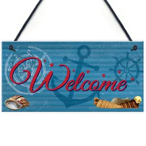 Red Ocean Welcome Nautical Seaside Marine Themed Home Gift Hanging Plaque Bedroom Bathroom Boat Sign