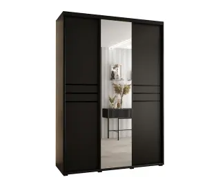 Cannes XI Mirrored Sliding Door Wardrobe W180cm - Sleek Black Storage Solution for Spacious Rooms