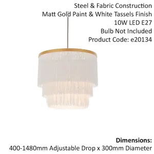 Matt Gold Ceiling Pendant Light Fitting - White Tassels - Diffused Light Effect