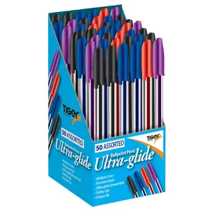 Tiger Stationery Ultra Glide Ballpoint Ink Pens Black/Blue/Purple/Red (Box of 50)