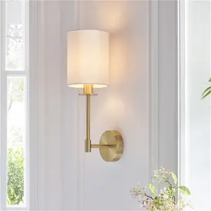 Satin Brass Dimmable Wall Light - Modern Vintage White Cylinder Shade - 6W LED E14