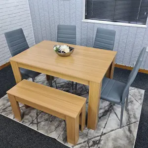 Dining Table and 4 Chairs With Bench Oak Effect Wood 4 Grey Leather Chairs Dining Room