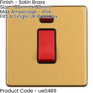 2 PACK 1 Gang Single 45A DP Cooker Switch & Neon SCREWLESS SATIN BRASS Rocker