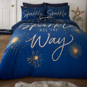 Catherine Lansfield Christmas Sparkle Reversible Double Duvet Cover Set with Pillowcases Navy Blue