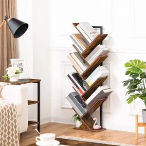 Tree Bookshelf Tall, 9-Tier Floor Standing Book Shelf, Tall Bookcase with Wooden Shelves for CDs Albums, Metal Frame,