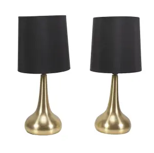 Pair - Brushed Gold Teardrop Touch Dimmer Table Lamps with Black Shade Bedside Light - LED Bulbs Included