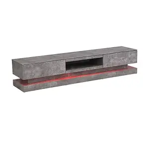 Step TV Stand With Storage for Living Room and Bedroom, 1800 Wide, LED Lighting, Media Storage, Concrete Effect Finish