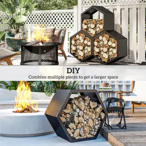 Outsunny Steel Firewood Log Rack Fireplace Log Holder for Indoor Outdoor, Black