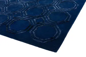 Navy Wool Handmade Luxurious Modern Geometric Rug Easy to clean Living Room and Bedroom-160cm X 230cm