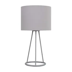 First Choice Lighting Tripod Silver Tripod Table Lamp with Ring Detail and Grey Fabric Shade