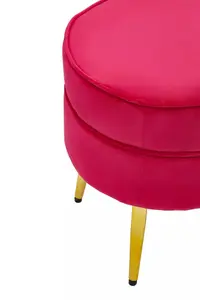 Interiors by Premier Elegant Round Bright Pink Velvet Gold Leg Footstool, Plush Foam Padded Gold Finished Footrest For Bedrooms