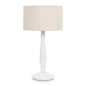 ValueLights Victoria Traditional White Wood Candlestick Table Lamp with Natural Drum Shade