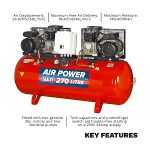 Sealey Air Compressor 270L Belt Drive 2 x 3hp with Cast Cylinders SAC1276B