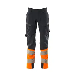 Mascot Accelerate Safe Ultimate Stretch Trousers with Thigh Pockets - Dark Navy/Hi-Vis Orange   (42.5) (Leg Length - Long)