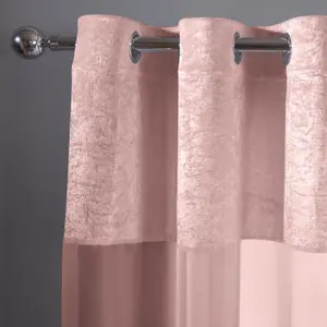 Sienna Pair of Crushed Velvet Panel Lace Voile Net Curtain Textured Eyelet Ring Top, Blush Pink Panels - 55" wide x 87" drop